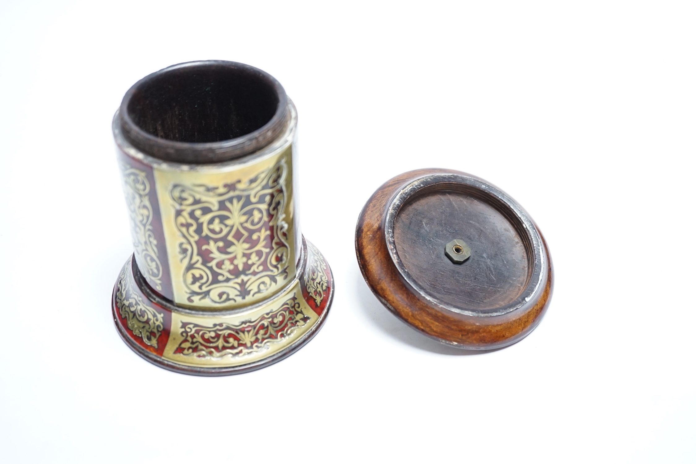 A 19th century French Boulle work cylindrical string box and cover, 12cm high